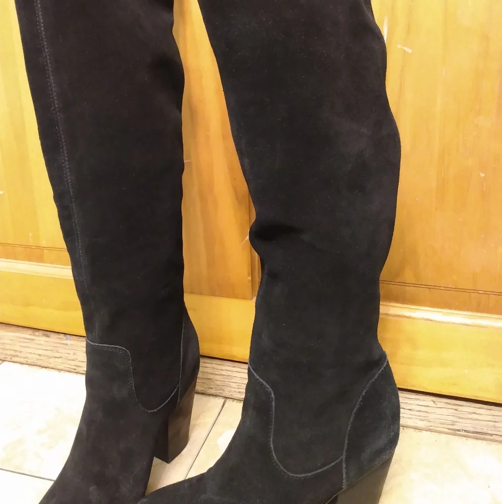 Michael Shannon Abbie Knee High Boots Womens Size 6 Black Suede Leather Zip